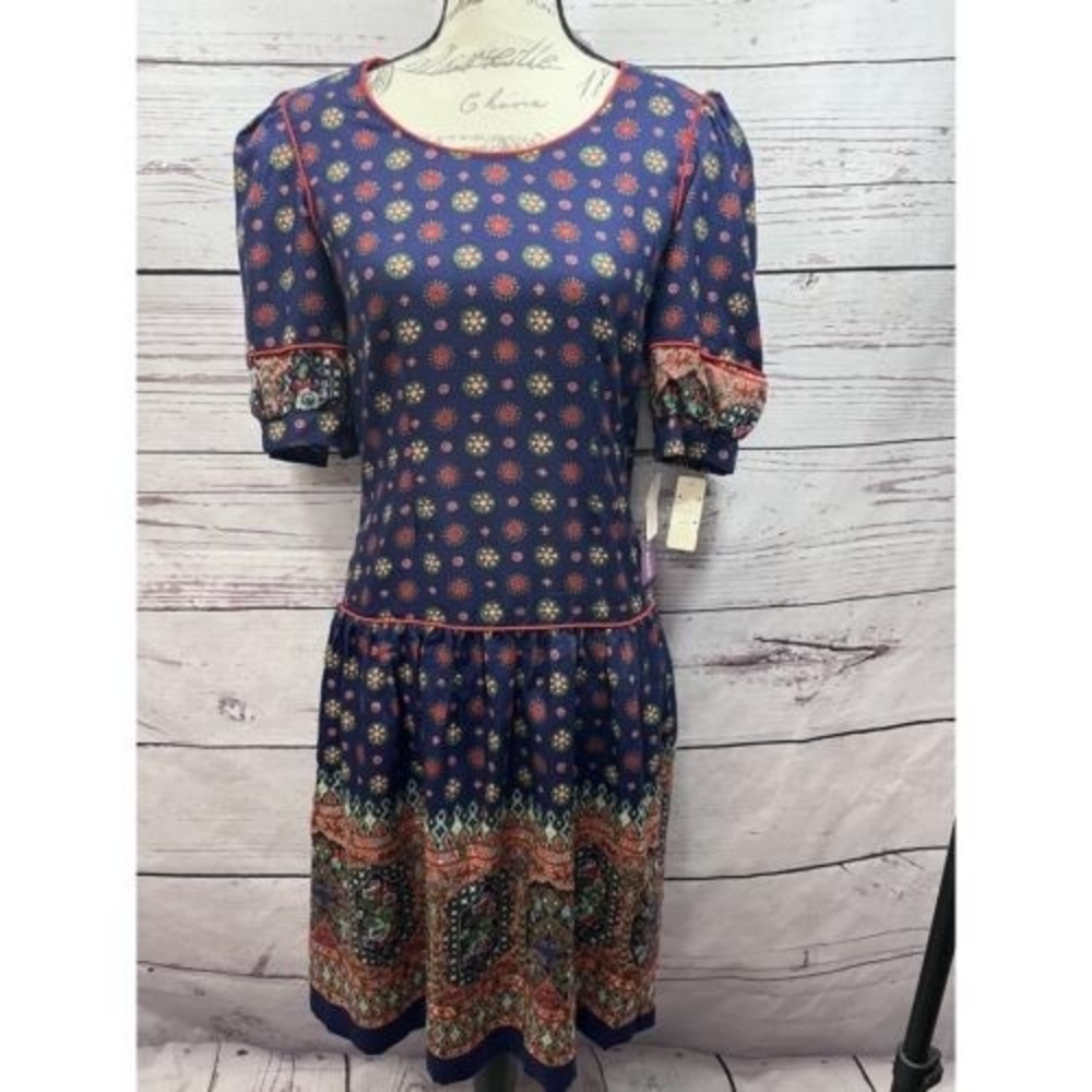 NWT Mustard Seed Navy‎ Blue Paisley Boho Pattern Short Sleeve Dress Size 10